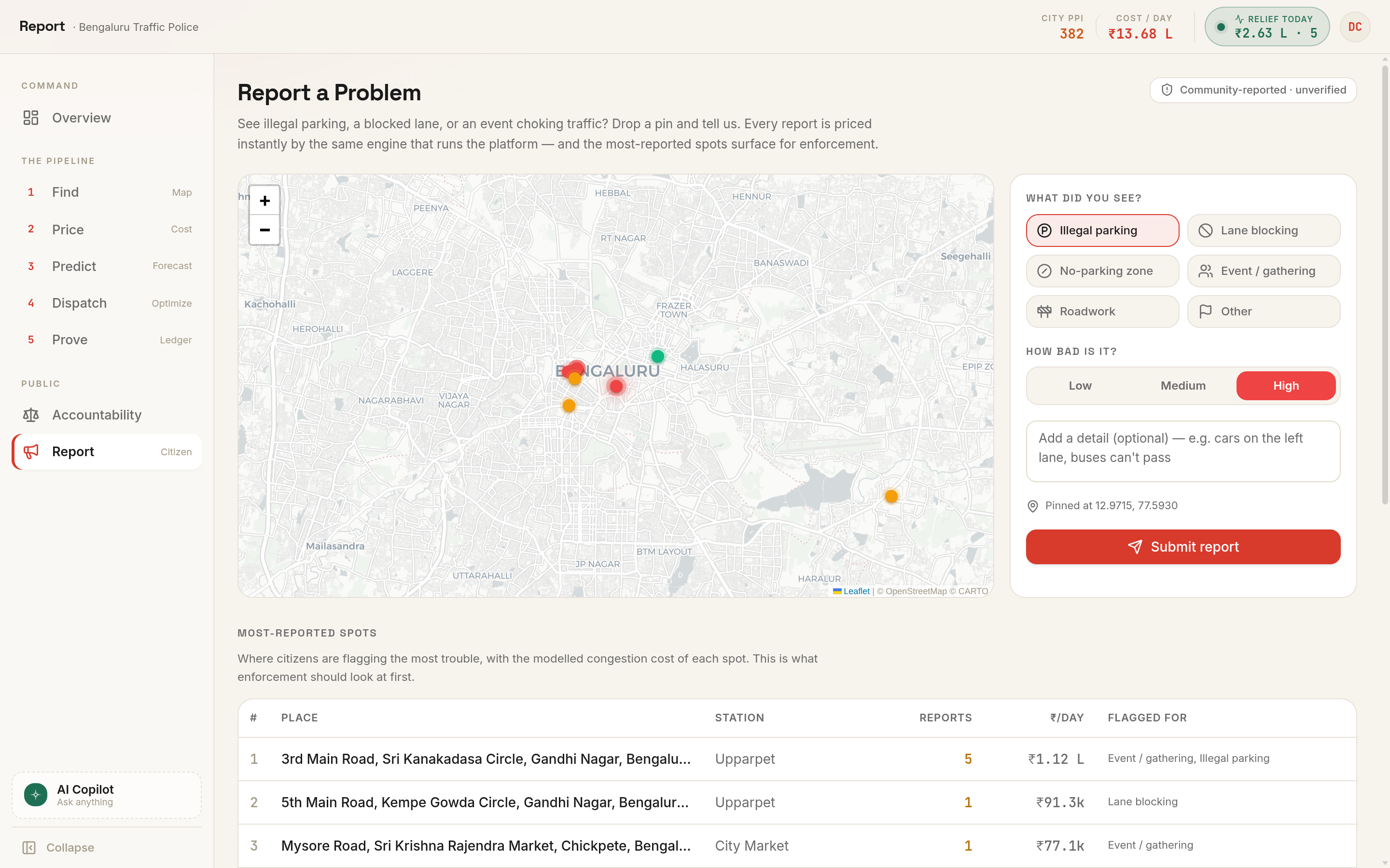 Citizen report — drop a pin, instantly priced